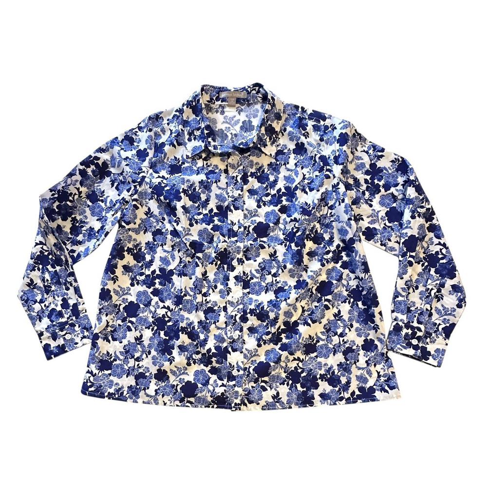 Woman Within Floral Button Shirt Size M 14 / 16 Lovely Blue & White Long Sleeves - Picture 4 of 12